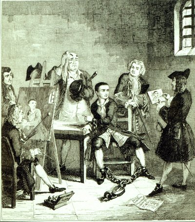 Jack in Newgate Ward lässt Porträts von Sir James Thornhill und William Hogarth anfertigen, Illustration aus 